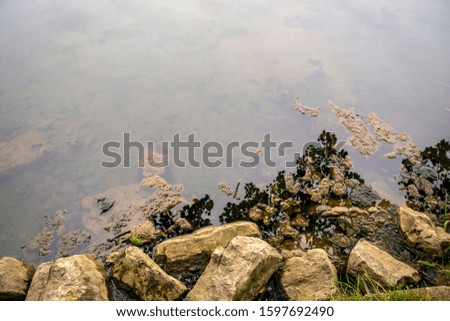 A surface view of a foggy lake with a rocky shoreline