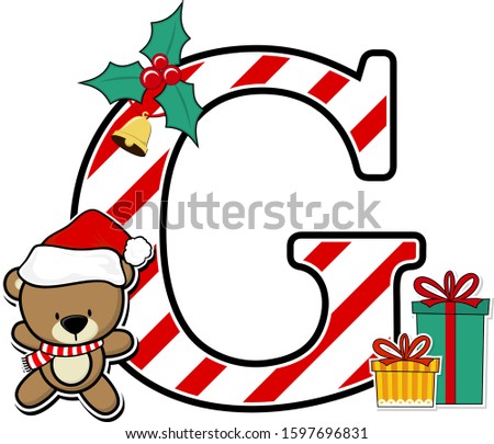 capital letter g with cute teddy bear and christmas design elements isolated on white background. can be used for holiday season card, nursery decoration or christmas party invitation