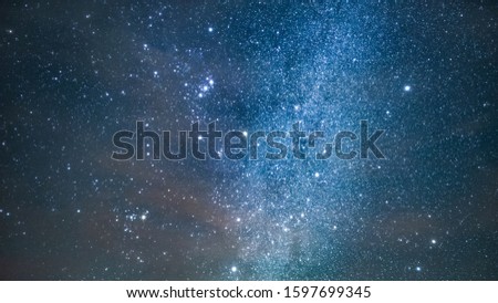 Photograph with details of amazing Milky Way Galaxy. Thousands Of Stars on the night sky with navy blue, blue, pink colors.  Starry night beautiful background. Epecuen, Argentina. Watercolor