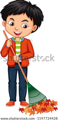 Boy raking leaves on white background illustration