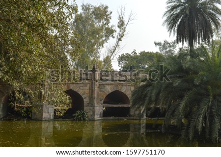 A reflection and mesmerizing view from the side of the pond,lake of palm trees and bridge monument at lodi garden or lodhi gardens in a city park at winter foggy morning.