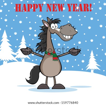 Happy New Year Greeting With Smiling Grey Horse Cartoon Mascot Character Over Winter Landscape. Vector Illustration 