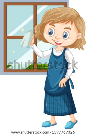 Girl cleaning window on white background illustration