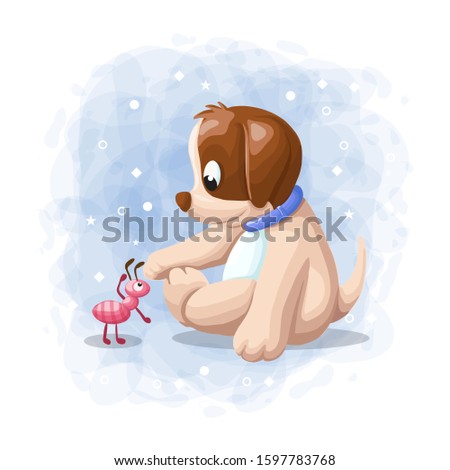 Cartoon Cute Dog Playing with Ant Illustration Vector