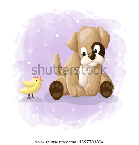 Cute Cartoon Dog and baby Chicken Illustration Vector Template