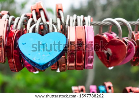 Colourful love shaped locks on the wire