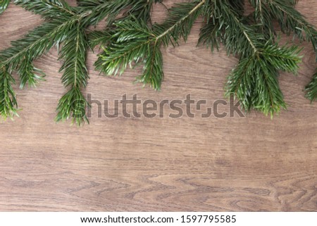 Background for your text or photo background for subject shooting. Wooden background with a branch of Norman fir.