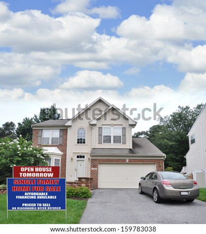 Real Estate Open House Tomorrow For Sale Sign Front yard Lawn Suburban Home Residential Neighborhood USA