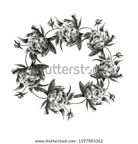 of black and white bouquets of peonies on a white background 