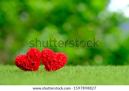 Two red hearts on the green grass with natural background. Concept for love, romance, wedding, family, or couple