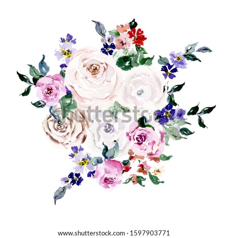 Watercolor set with pink dusty roses and blue flowers and bouquets. Template for greetings, invites, wedding, web design, home and textile floral decor, wedding clipart, floral clipart.