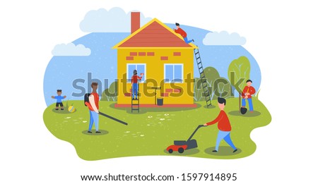 People wash and repair private house. Yard cleaning. Preparing home for sale. Spring cleaning. Painting walls. Cleaning team. Vector stock illustration in flat and cartoon style. White background. Royalty-Free Stock Photo #1597914895