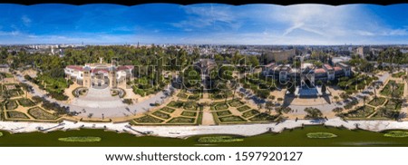 360-degree panoramic view from the sky without sky, onto America Square and the Museum of Folk Art and Traditions. Seville