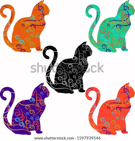 set of illustrations with isolated patterned cats on a white background