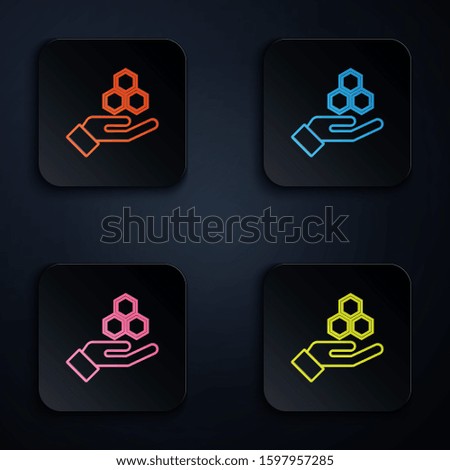 Color neon line Honeycomb and hand icon isolated on white background. Honey cells symbol. Sweet natural food. Set icons in colorful square buttons. 