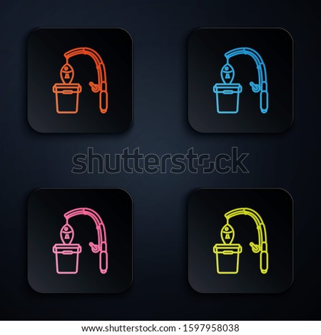 Color neon line Fishing rod and fish icon isolated on white background. Put fish into a bucket. Fishing equipment and fish farming topics. Set icons in colorful square buttons. n