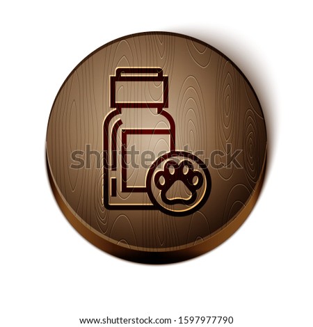 Brown line Dog medicine bottle icon isolated on white background. Container with pills. Prescription medicine for animal. Wooden circle button. 