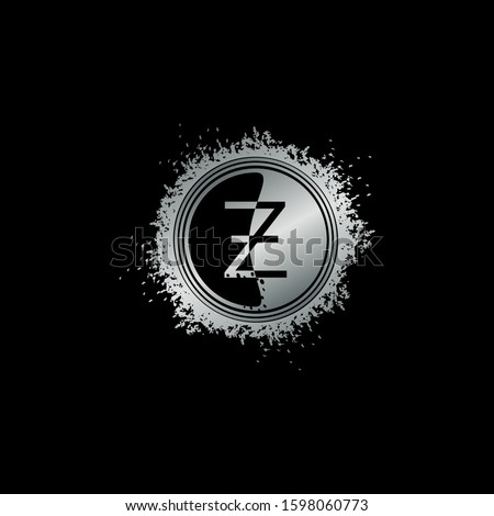 Circle Initial Letter Z logo icon with grunge splash vector design concept silver color.