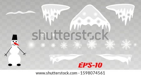 Winter decoration set with snow caps with trailing icicles and snowballs in a large assortment of shapes and sizes on a blue background for use as design elements, vector illustration. Royalty-Free Stock Photo #1598074561