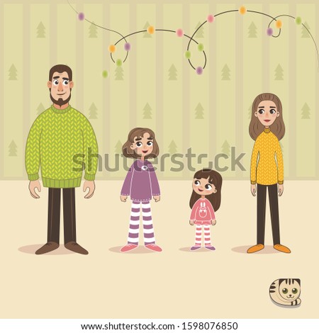 Vector illustration of a holiday card in green colors. A family of four and cats stand at full height. Two sisters with parents at the holiday.