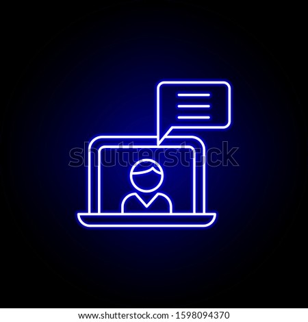 laptop boy friendship outline blue neon icon. Elements of friendship line icon. Signs, symbols and vectors can be used for web, logo, mobile app, UI, UX
