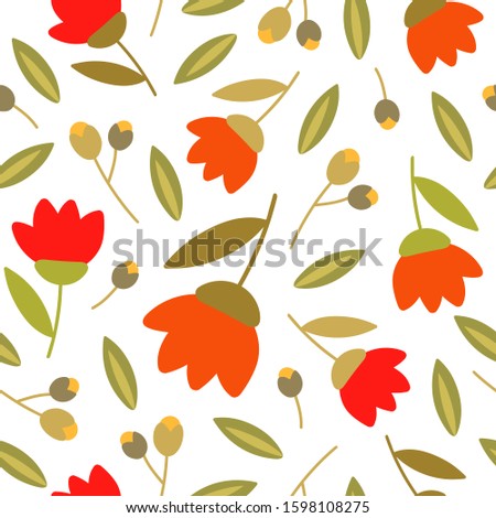 Seamless pattern with flowers and leaves isolated on white background. Hand drawn botanical texture. Vector illustration. Colorful design for banner, wrapping paper, scrapbook, wallpaper, fabric