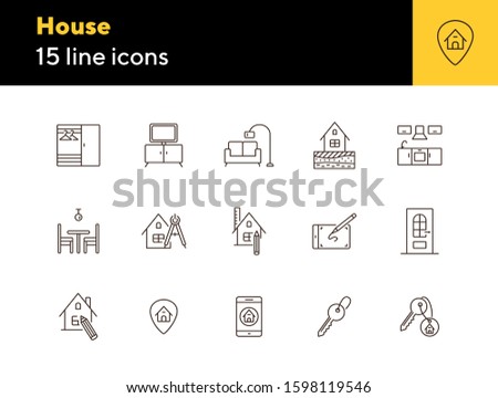 House line icon set. Interior, living room, key. Housing concept. Can be used for topics like real estate purchase, renovation, household
