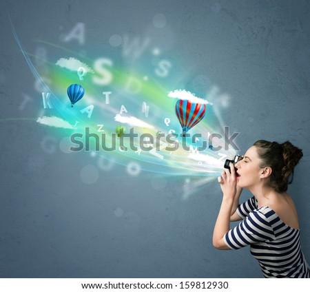 Cute photographer girl with camera and abstract imaginary