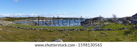 Panoramic view of landscapes and coast the Koster, Sydkoster and Nordkoster islands. Archipielago of Kosterhavets Nationalpark. Stromstad. Bohuslan. Sweden. Royalty-Free Stock Photo #1598130565