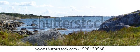Panoramic view of landscapes and coast the Koster, Sydkoster and Nordkoster islands. Archipielago of Kosterhavets Nationalpark. Stromstad. Bohuslan. Sweden. Royalty-Free Stock Photo #1598130568