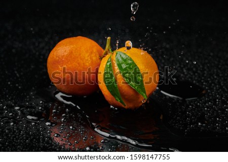 Tangerines mandarines with water drops on black background with reflection aтd smowfall. Happy New Year 2020