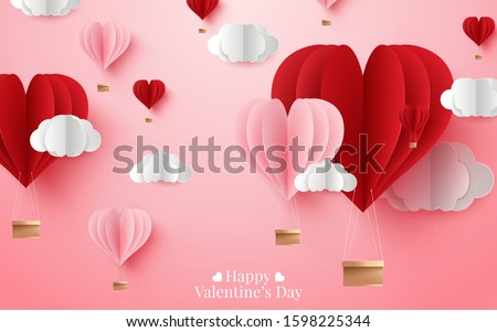 illustration of love and valentine day,Origami made hot air balloon flying. Vector illustration