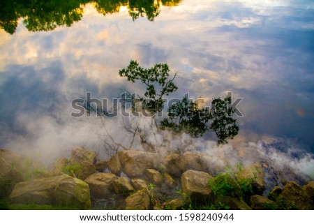 A surreal landscape of trees, fog, and clouds reflecting into a lake in a way that makes it look unreal