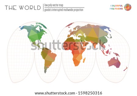 World map with vibrant triangles. Goode's interrupted Mollweide projection of the world. Colorful colored polygons. Beautiful vector illustration.