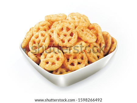 Fried and Spicy wheel Snacks or Fryums (Snacks Pellets) served in a bowl or White background. selective focus - Image Royalty-Free Stock Photo #1598266492