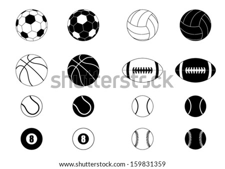 The Set Of Black And White Sports Balls Vector Illustration Silhouettes