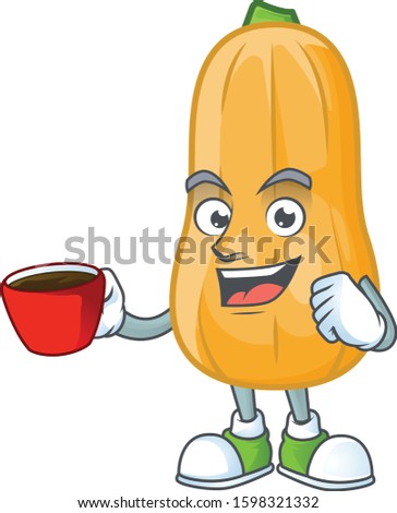 Picture of butternut squash character with a cup of coffee