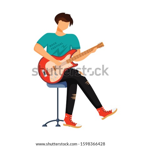 Guitarist flat color vector illustration. Rock festival. Sitting guitar player. Musician. Music band member. Rock and roll. Man with musical instrument. Concert. Isolated cartoon character on white