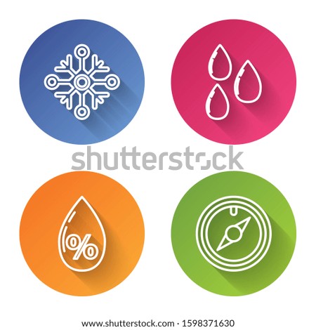 Set line Snowflake, Water drop, Water drop percentage and Wind rose. Color circle button. Vector