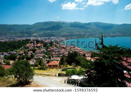 Ohrid castle and Ohrid city skyline. Lake of Ohrid and the city of Ohrid.