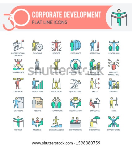 Set of filled outline multicolor icons on following themes – business, business people, strategy, corporate development, corporate management and other. 