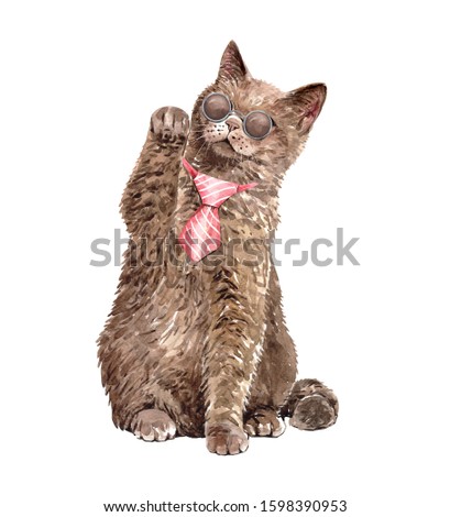 Watercolor british shorthair cat with sunglasses and necktie layer path, clipping path isolated on white background.
