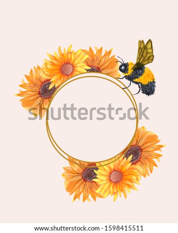 elegant frame with bees and sunflowers, perfect to use on the web or in print, for stationary