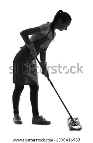 Silhouette of female cleaner with floor mop on white background