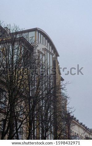 The facade of a modern building made of metal and glass. Corporate business center in the historical part of the city. Tall trees without foliage in the foreground. Without people. Selective focus. 