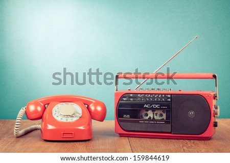 Retro telephone and old radio cassette recorder