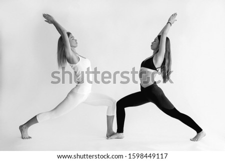 monochrome portrait of blonde and brunette beautiful cheerful fit women doing yoga asanas. Healthy lifestyle, Yin and Yang and sport concept
