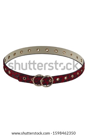 Subject shot of a showy red fur belt with leopard pattern and golden round buckles. The stylish belt is isolated on the white background.