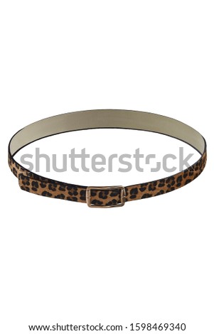 Subject shot of a showy beige fur belt with leopard pattern and a golden buckle. The stylish belt is isolated on the white background.