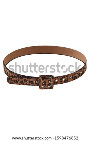 Subject shot of a showy brown fur belt with leopard pattern, a furry buckle and golden eyelets. The stylish belt is isolated on the white background.